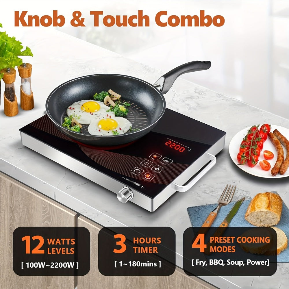 Portable Electric Induction Cooktop 2200W Ceramic Infrared Hot Plate with Adjustable Temperature & Dual Touch Rotation Control