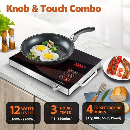 Portable Electric Induction Cooktop 2200W Ceramic Infrared Hot Plate with Adjustable Temperature & Dual Touch Rotation Control