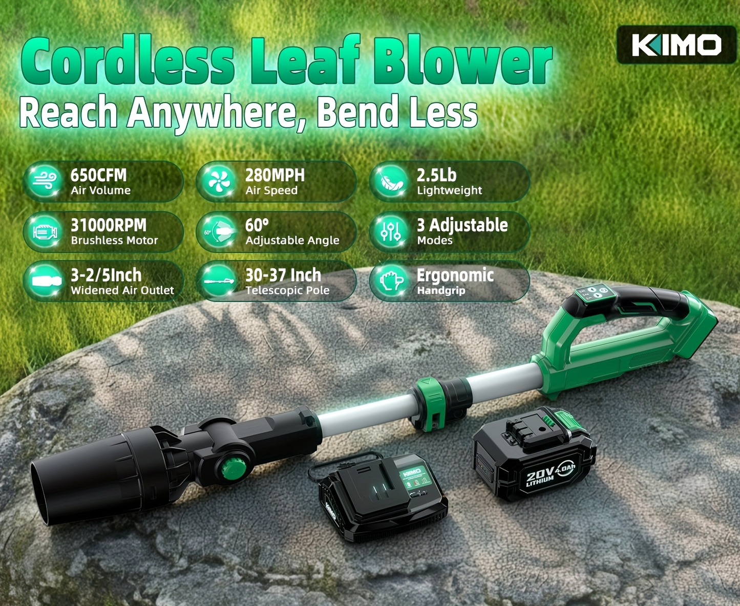 KIMO 20V Cordless Leaf Blower with Telescoping Tube, Three-Speed Label, Charger and One- or Two-Battery 4000mAh Sets