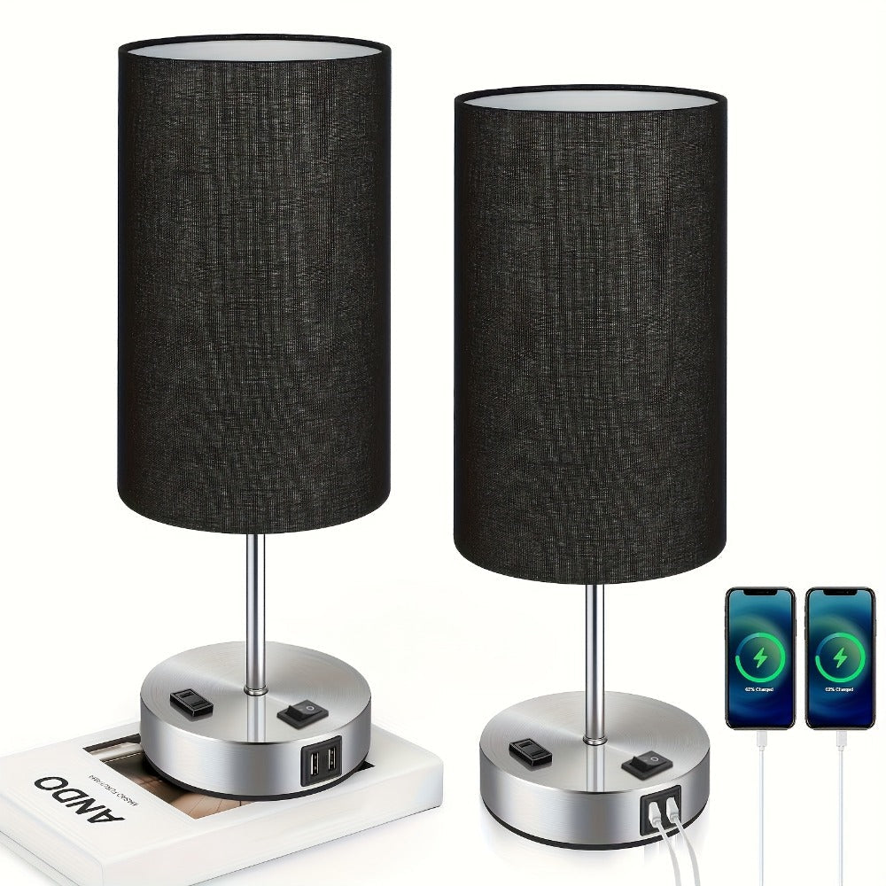 Table Lamp HOODINK with Cylindrical Shade, 3-Way Touch Dimming, USB-A, USB-C, AC Outlet and One or Two-Pack Options