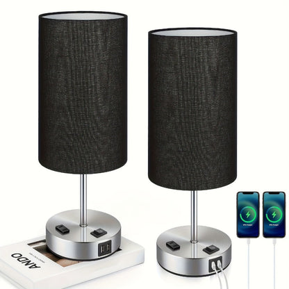 Table Lamp HOODINK with Cylindrical Shade, 3-Way Touch Dimming, USB-A, USB-C, AC Outlet and One or Two-Pack Options