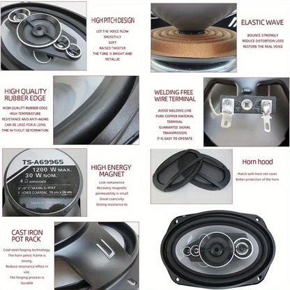 1200W 5-Way Coaxial Car Speakers 6x9 Inch – HiFi Full Range 44Hz-25kHz, 4-Ohm, 89dB Sensitivity, Universal 12V Fit for Car Door Stereo Audio