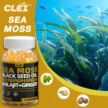 Immune Support Gummies with Sea Moss 1445mg, 10-in-1 Superfood Blend with Black Seed Oil, Ashwagandha