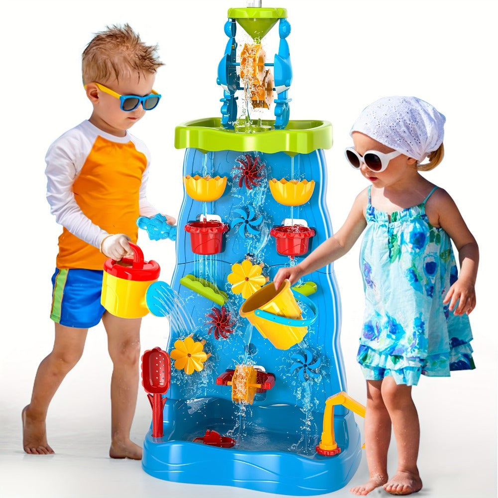 Water Play Table for Kids Double-Sided Waterfall & Beach Sand Zone, Outdoor Sensory Activity Toy for Toddlers Ages 3+