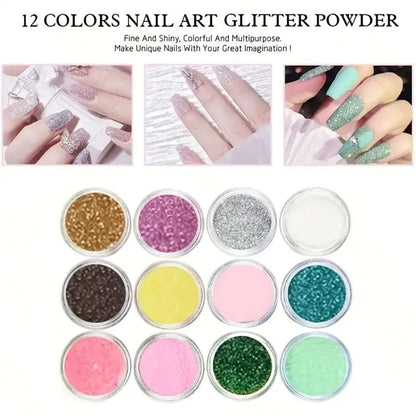 Acrylic Nail Kit 23-in-1 Complete Set with 12 Glitter Colors White & Pink Powder – DIY Nail Extension System No Glue No Liquid Needed