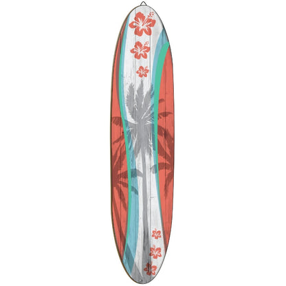 Wooden Surfboard Wall Art 15.74", Rustic Tropical Beach Decor with Hibiscus & Tiki Mask Design