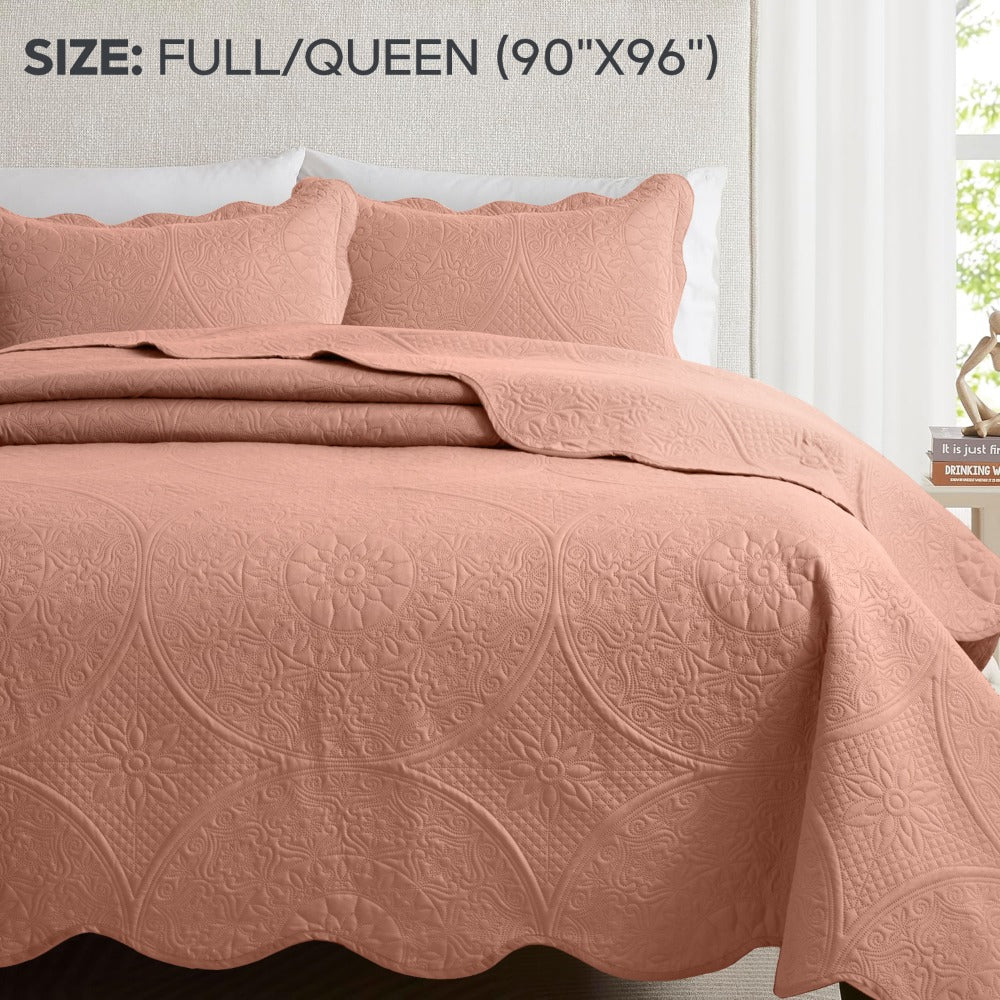 Floral-Pattern Three-Piece Bedspread Set in 16 Colors with Twin, Queen, King and California King Sizes