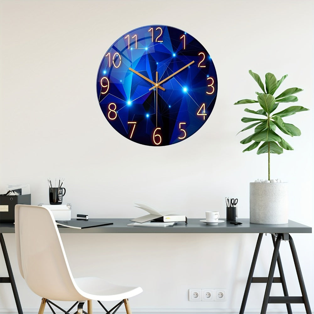 Blue Glass-Face Wall Clock with Gold-Tone Numerals, Quartz Movement and Five Diameter Options from 12 to 24 Inches