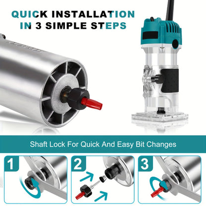 Six-Speed 800W Laminate Trimmer with Clear Base, Shaft Lock and Guide Accessories in Blue Housing