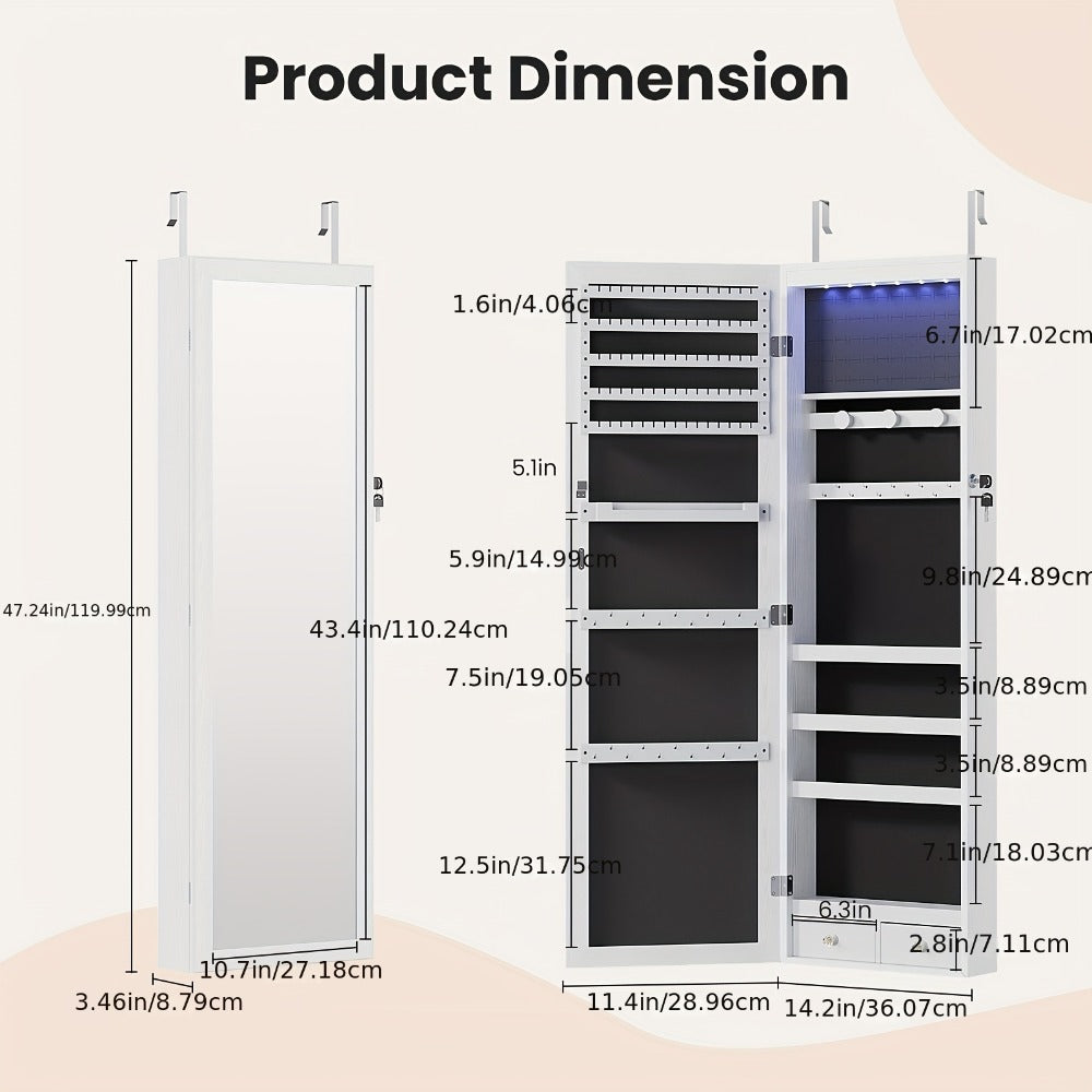 Jewelry Armoire Floor Standing 47.2" Full-Length Mirror Cabinet with 6 LED Lights Dual Lock