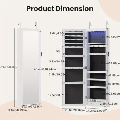 Jewelry Armoire Floor Standing 47.2" Full-Length Mirror Cabinet with 6 LED Lights Dual Lock