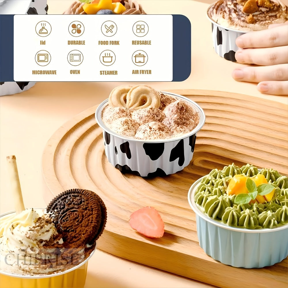 Aluminum Foil Baking Cups with Lids, Disposable Cupcake Molds with Spoons, Foil Dessert Cups for Pudding Muffins Mousse
