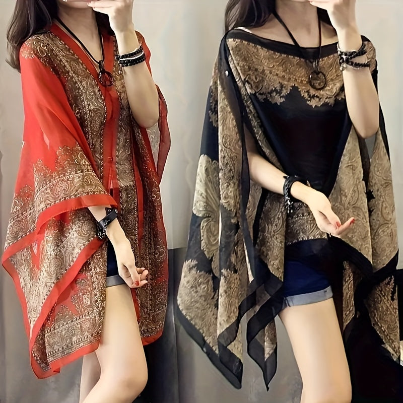 Chiffon Shawl - 2pcs Set for Women - Boho Paisley Print Lightweight Sunscreen Beach - product detail view 8