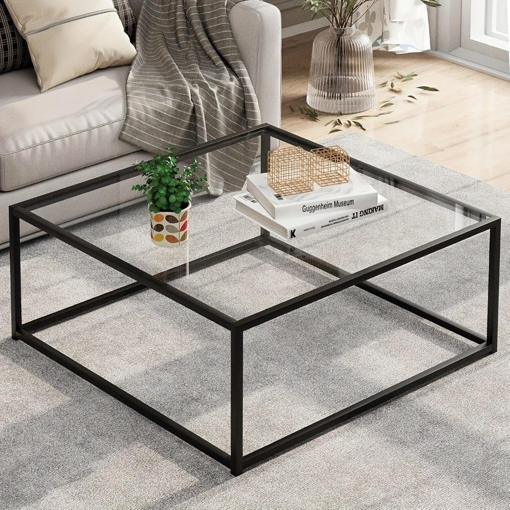 Coffee Tables, Glass Coffee Table Square 26x26 Inch - Minimalist Clear Glass Center Table shown in the main product view