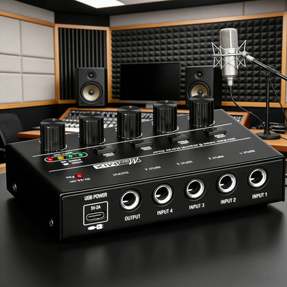 Compact 4/6/8-Channel Stereo Audio Mixer with USB-C Power and Level Controls shown in the 4-channel mixer option