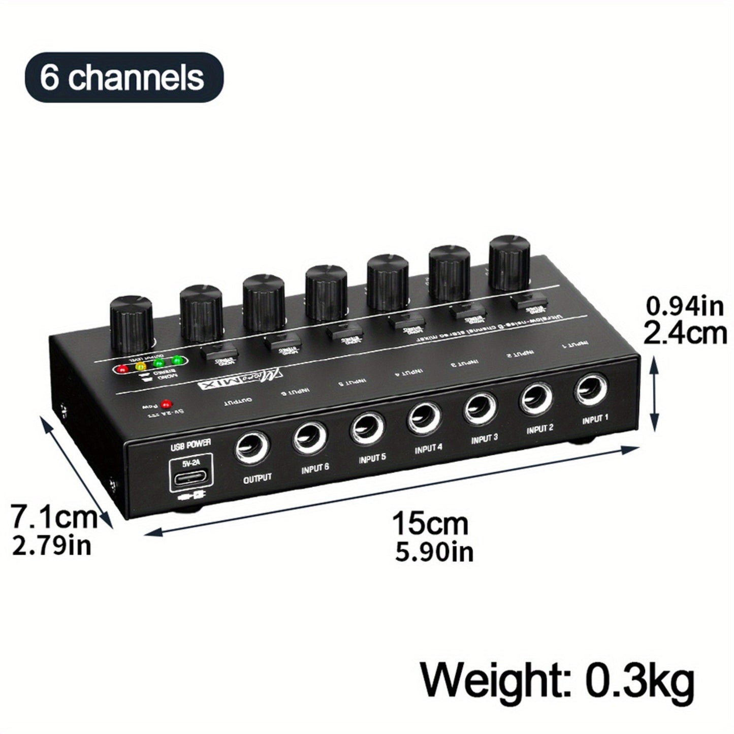 Compact 4/6/8-Channel Stereo Audio Mixer with USB-C Power and Level Controls shown in the 6-Channel option