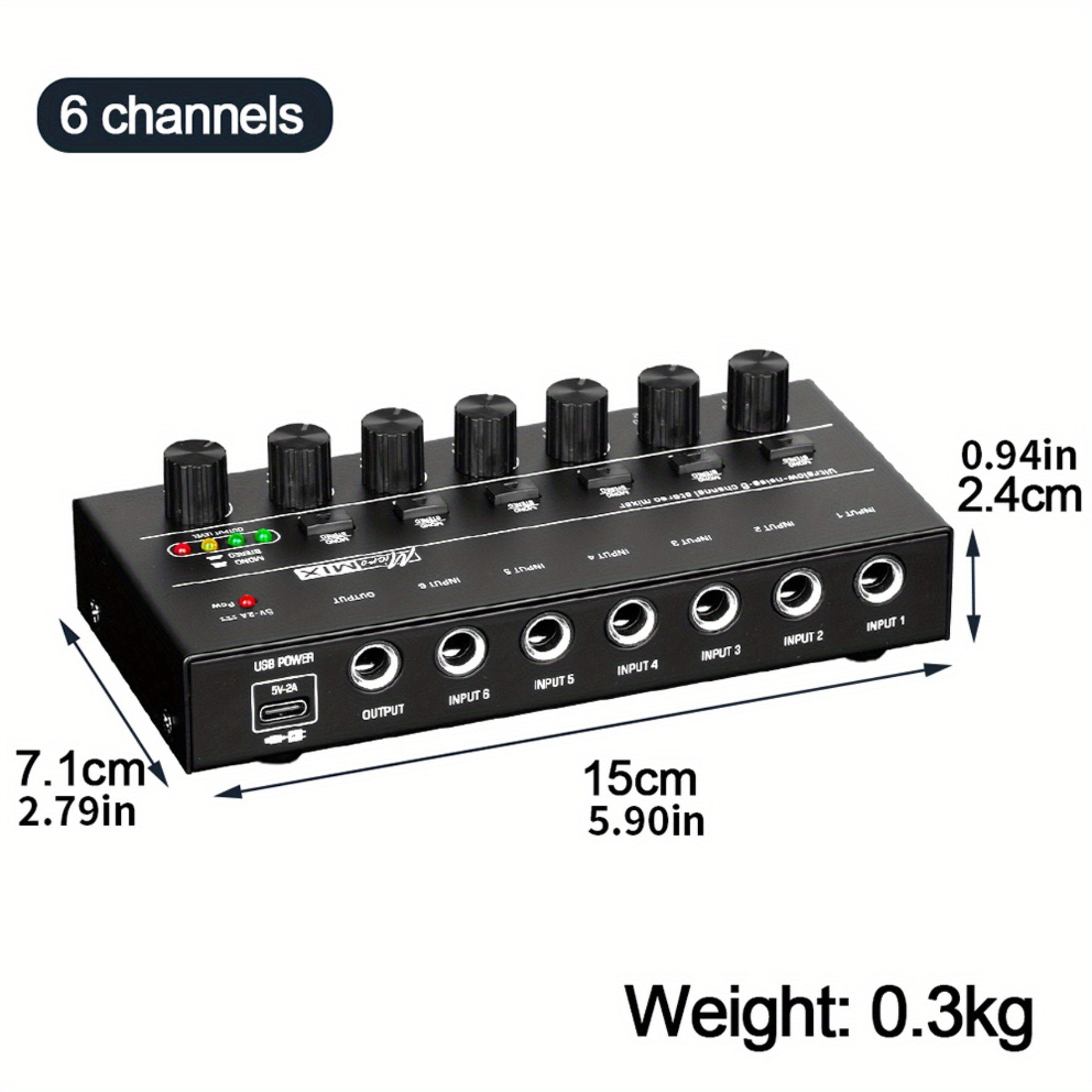 Compact 4/6/8-Channel Stereo Audio Mixer with USB-C Power and Level Controls shown in the 6-Channel option