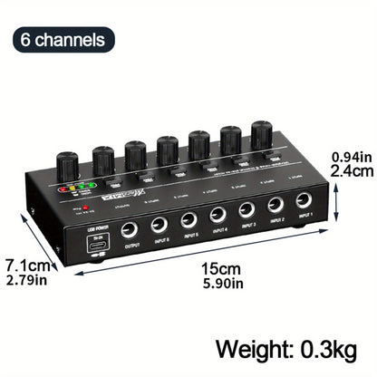 Compact 4/6/8-Channel Stereo Audio Mixer with USB-C Power and Level Controls shown in the 6-Channel option