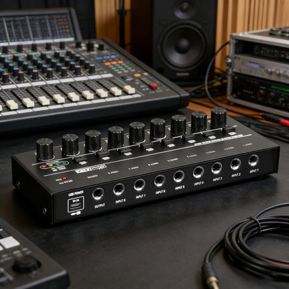 Compact 4/6/8-Channel Stereo Audio Mixer with USB-C Power and Level Controls shown in the 8-channel mixer option