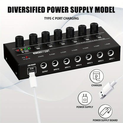 Compact 4/6/8-Channel Stereo Audio Mixer with USB-C Power and Level Controls detail image - detail view 10