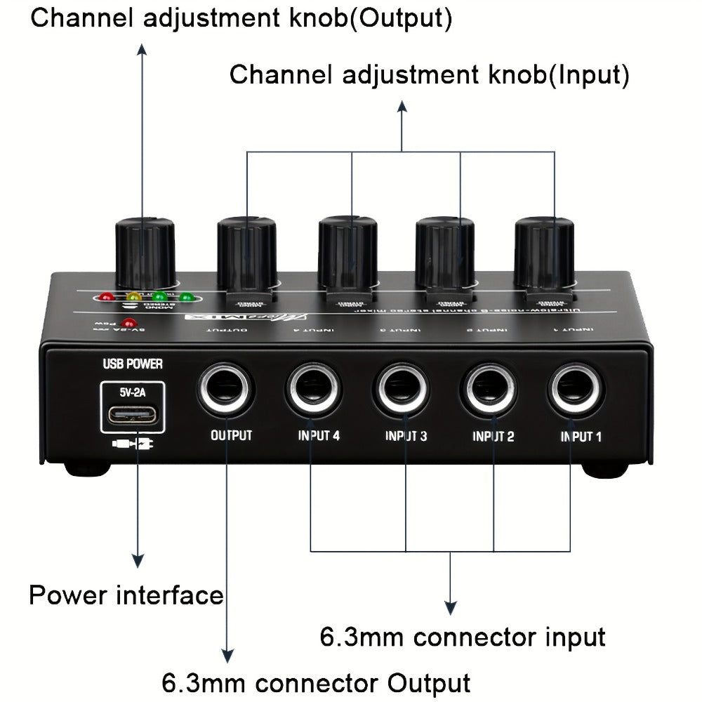 Compact 4/6/8-Channel Stereo Audio Mixer with USB-C Power and Level Controls detail image - detail view 13