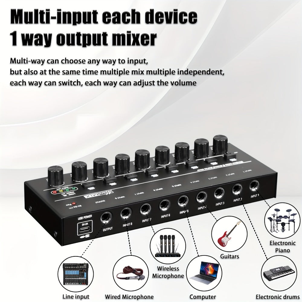Compact 4/6/8-Channel Stereo Audio Mixer with USB-C Power and Level Controls detail image - detail view 6