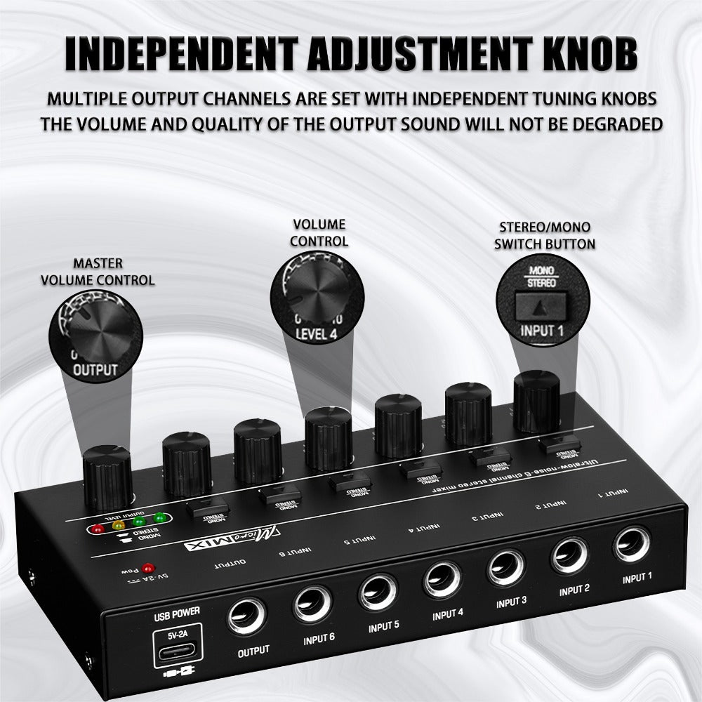 Compact 4/6/8-Channel Stereo Audio Mixer with USB-C Power and Level Controls detail image - detail view 9