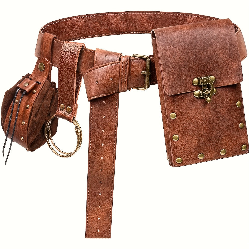 Costume Accessories - Renaissance Belt Set 3Pcs - Medieval Belt Pouch Coin Purse & Skirt - product detail view 3