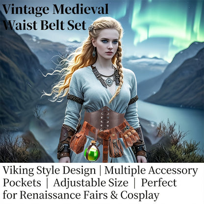 Costume Accessories - Renaissance Corset Set 6PCS Medieval Belt, Pouches, Waist Guard & Cork - product detail view 2