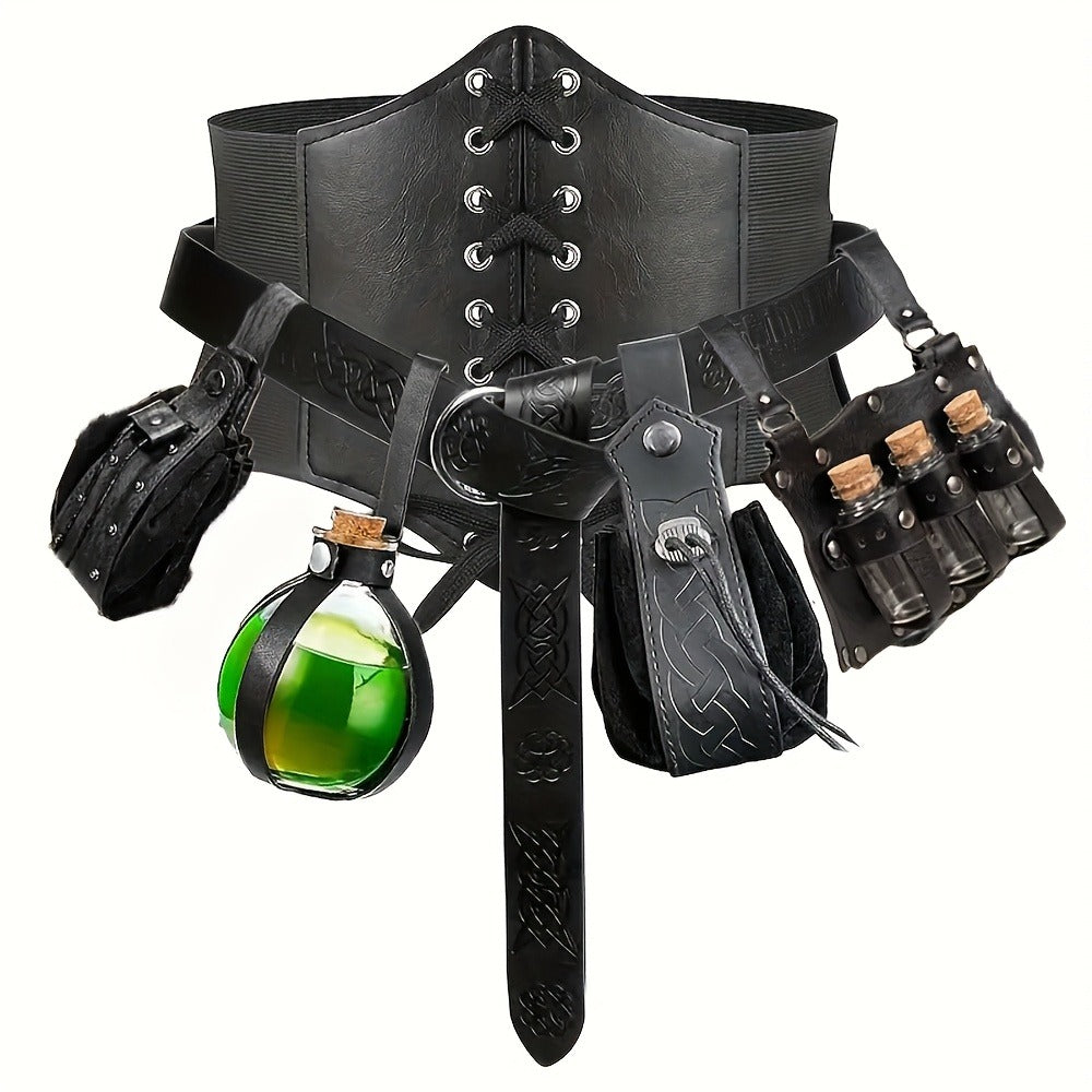 Costume Accessories - Renaissance Corset Set 6PCS Medieval Belt, Pouches, Waist Guard & Cork - product detail view 3