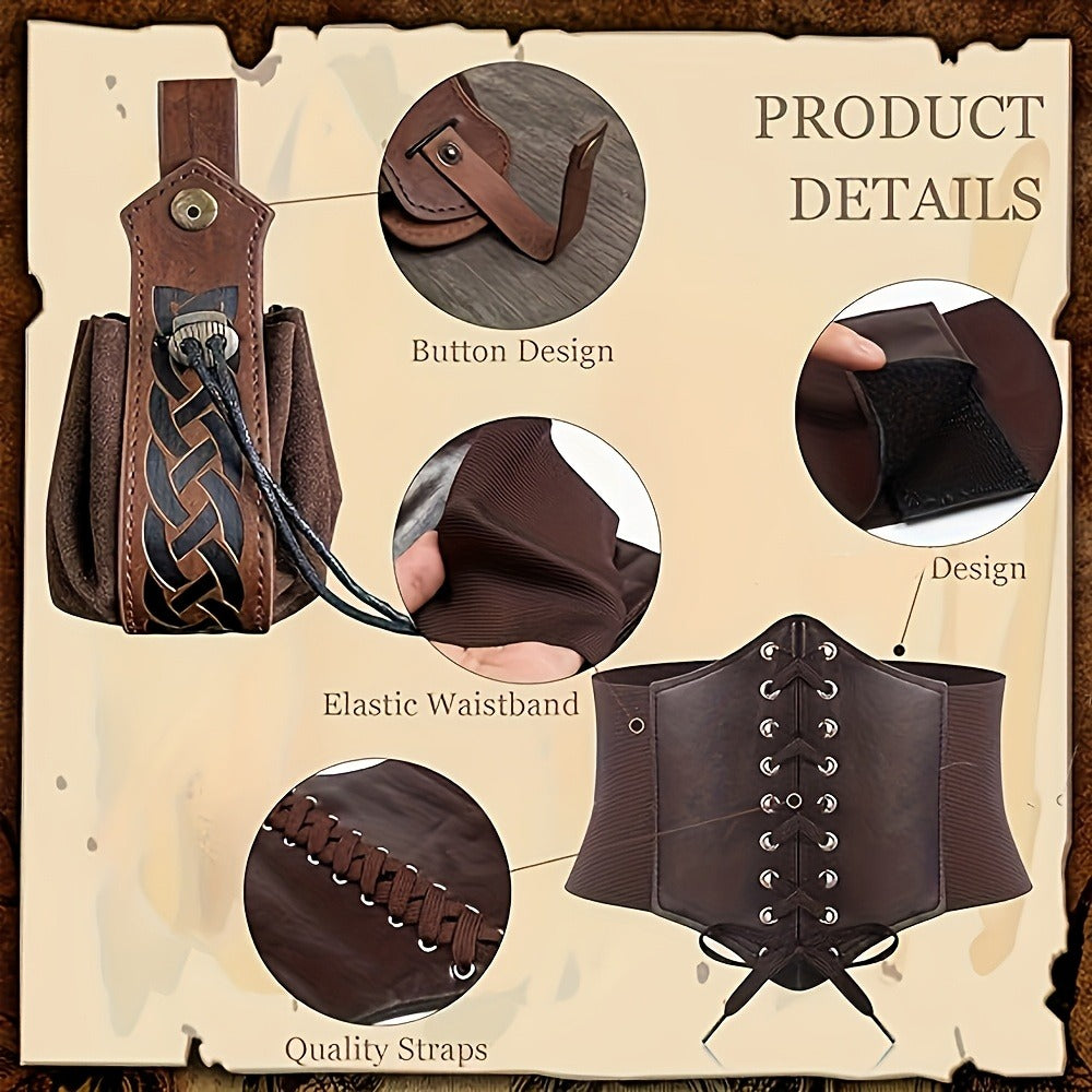Costume Accessories - Renaissance Corset Set 6PCS Medieval Belt, Pouches, Waist Guard & Cork - product detail view 10