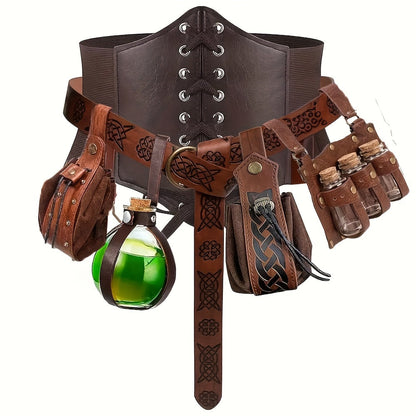 Costume Accessories - Renaissance Corset Set 6PCS Medieval Belt, Pouches, Waist Guard & Cork - product detail view 11