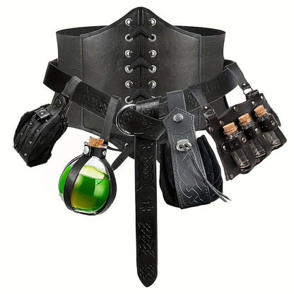 Costume Accessories - Renaissance Corset Set 6PCS Medieval Belt, Pouches, Waist Guard & Cork - product detail view 12