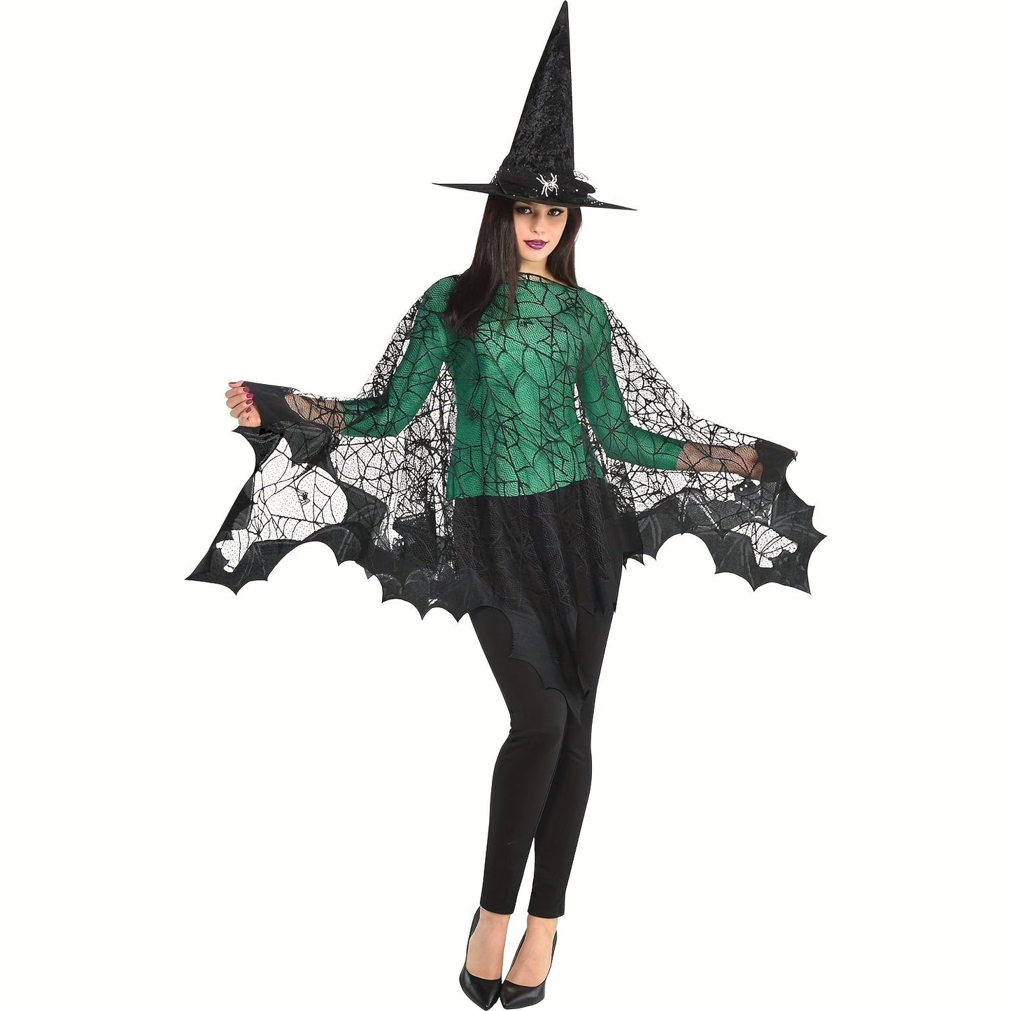 Costume Accessory - Halloween Cloak Women Black Spider Web Bat Shawl Cape Magic Witch Wrap - product detail view 12
