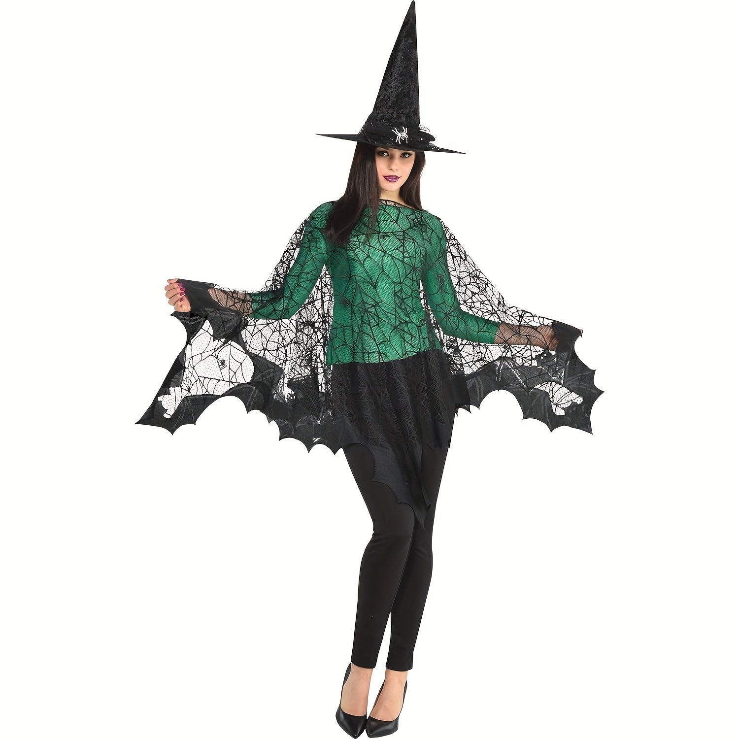 Costume Accessory - Halloween Cloak Women Black Spider Web Bat Shawl Cape Magic Witch Wrap - product detail view 12
