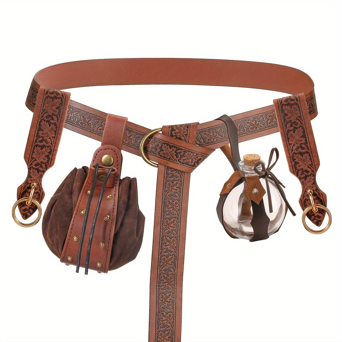 Costume Belt Set - Renaissance 5pcs | Medieval Viking Embossed Faux Leather with Pouches - product detail view 8