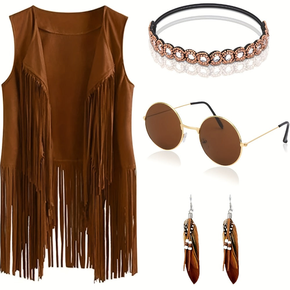 Costume & Clothing - Fringe Vest for Women 60s 70s Bohemian Hippie Cowgirl Top Brown Retro - product detail view 4