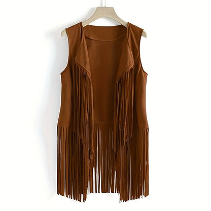 Costume & Clothing - Fringe Vest for Women 60s 70s Bohemian Hippie Cowgirl Top Brown Retro - product detail view 5