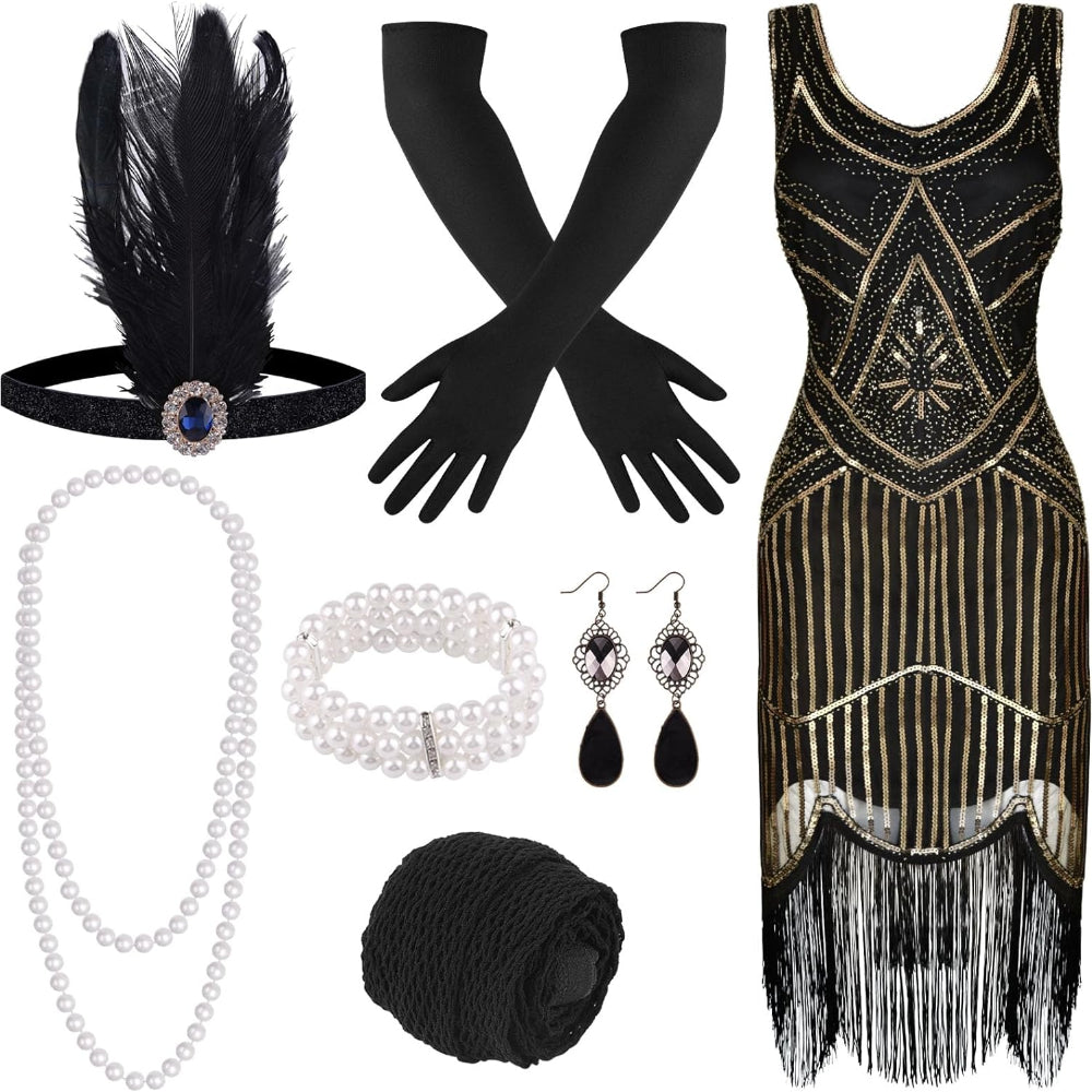 Costume Set - Flapper Dress 1920s for Women 10-Piece Sequin Beaded Fringe Midi Dress - product detail view 14