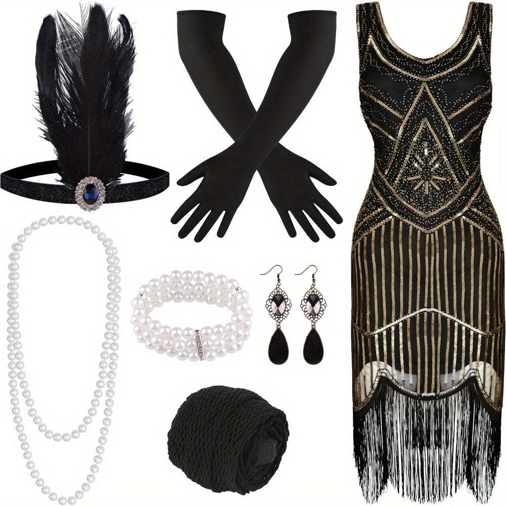 Costume Set - Flapper Dress 1920s for Women 10-Piece Sequin Beaded Fringe Midi Dress - product detail view 15