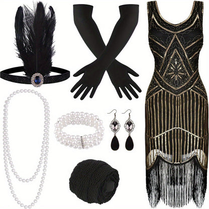 Costume Set - Flapper Dress 1920s for Women 10-Piece Sequin Beaded Fringe Midi Dress - product detail view 15