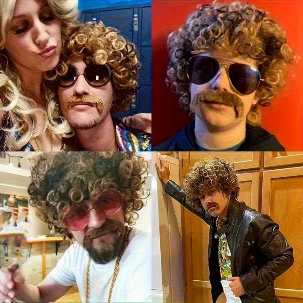 Costume Wigs & Sets - 70s Disco Wig Set for Men - 5 Piece Curly Short Afro Wig with Cap - product detail view 16