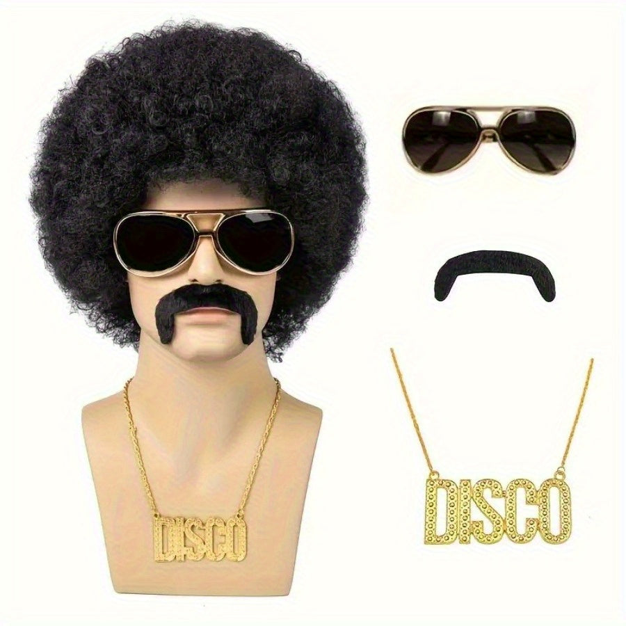 Costume Wigs & Sets - 70s Disco Wig Set for Men - 5 Piece Curly Short Afro Wig with Cap - product detail view 21