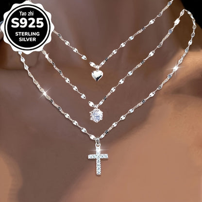 Cross Necklace - Lip 925 Sterling Silver with Cubic Zirconia & Heart Charm - Boho Sexy - product detail view 3