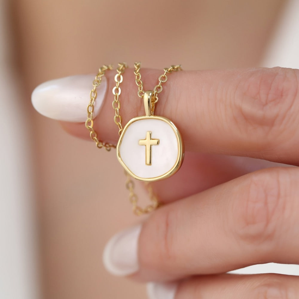 Cross Necklace - Pendant for Women Gold Enamel Irregular Shape Hypoallergenic Stainless - main product view