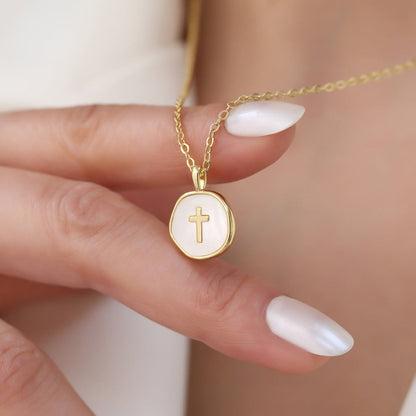 Cross Necklace - Pendant for Women Gold Enamel Irregular Shape Hypoallergenic Stainless - product detail view 2