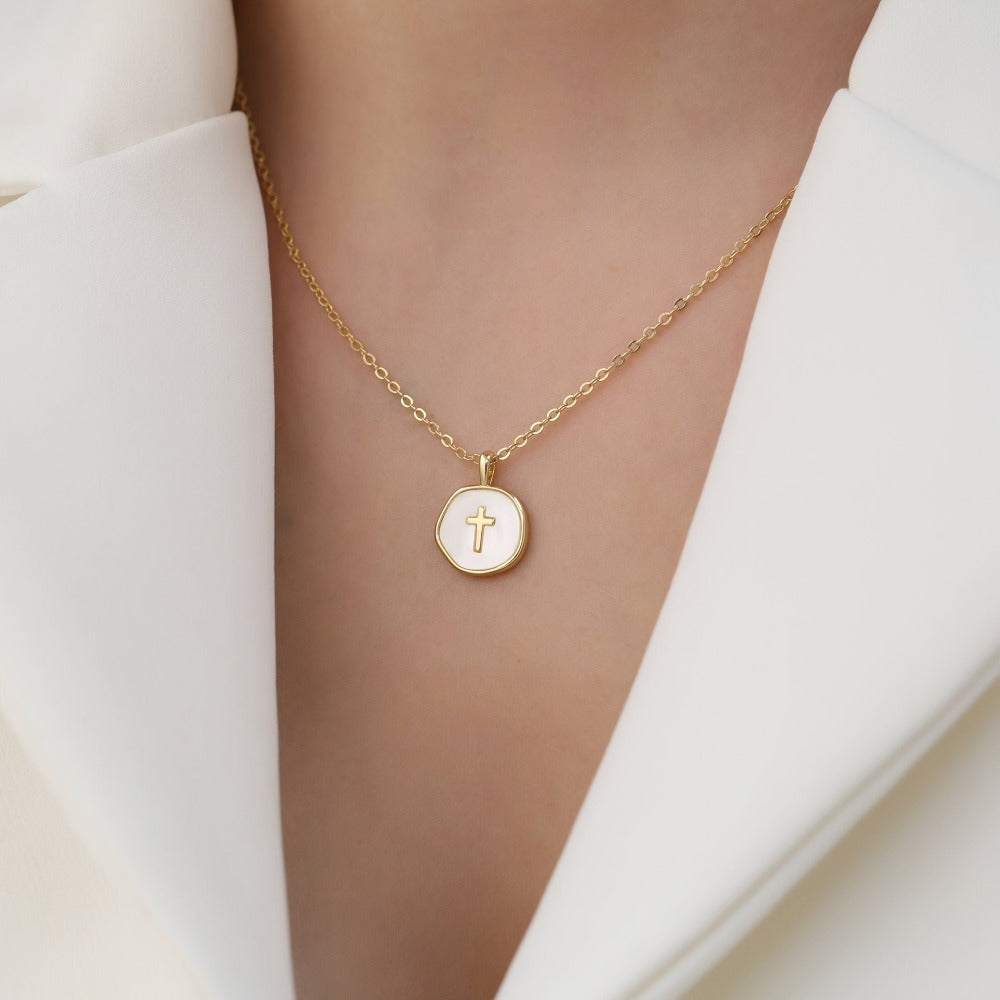 Cross Necklace - Pendant for Women Gold Enamel Irregular Shape Hypoallergenic Stainless - product detail view 7