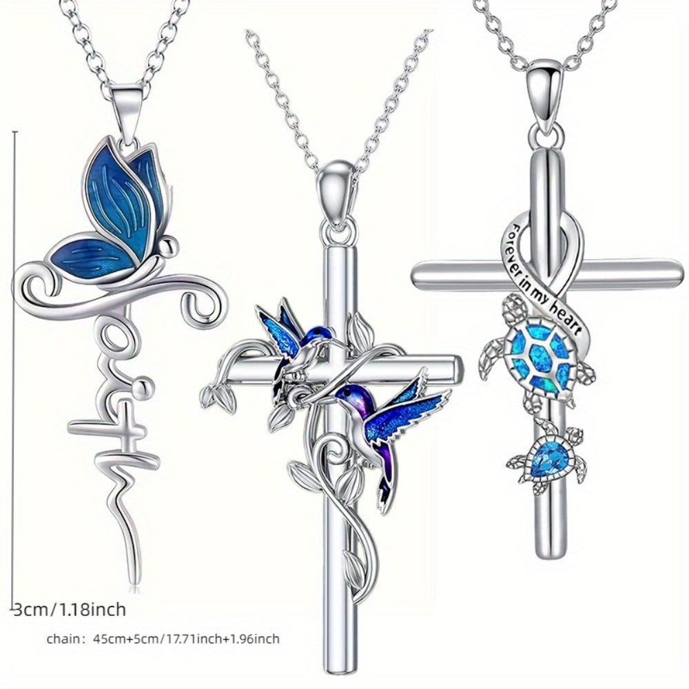 Cross Necklace - Pendant Set 3pcs Animal Charm Hummingbird Butterfly Turtle , Elegant - product detail view 5