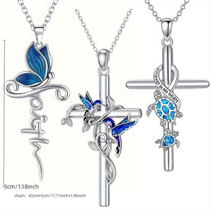 Cross Necklace - Pendant Set 3pcs Animal Charm Hummingbird Butterfly Turtle , Elegant - product detail view 5