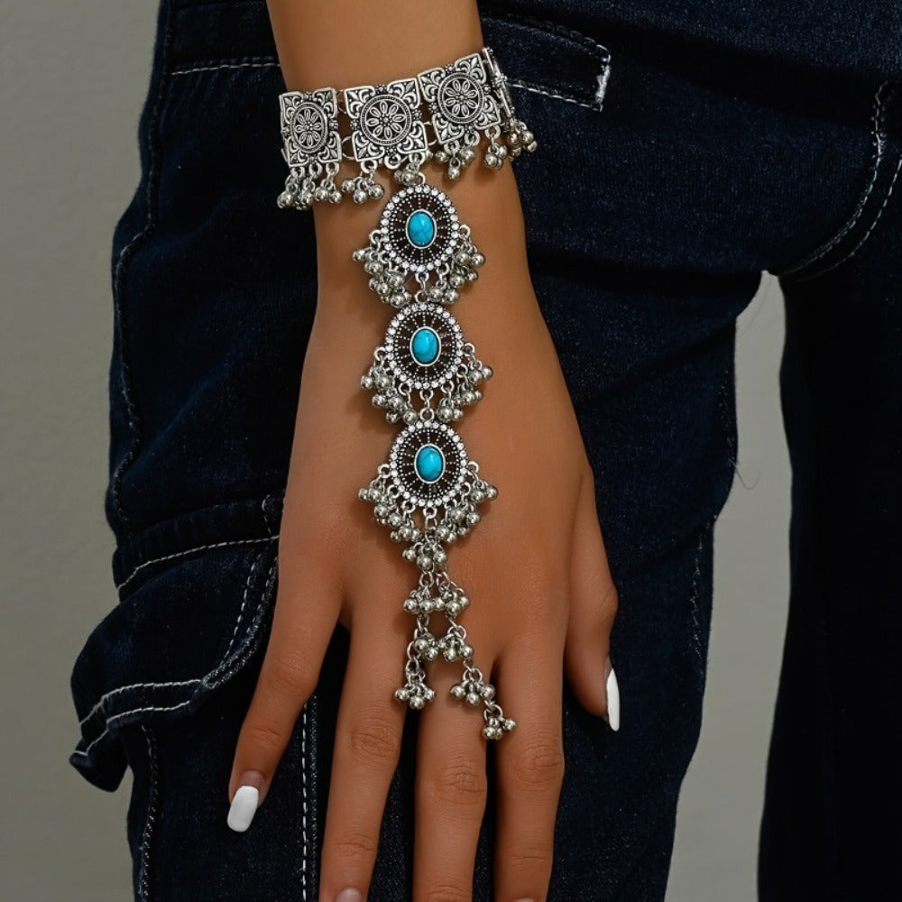 Cuff Bracelet - Turquoise Boho Mitten Vintage Bollywood-Inspired Stone Bangle, Ethnic - product detail view 6